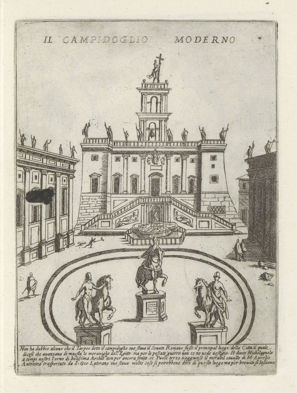 Capitool te Rome Moderní Capitol (název na objektu) Moderne en antieke monumenten en bouwwerken v Římě (název série) Ozdoby starověkých a moderních budov města alma v Římě (název série) od Giovanni Maggi