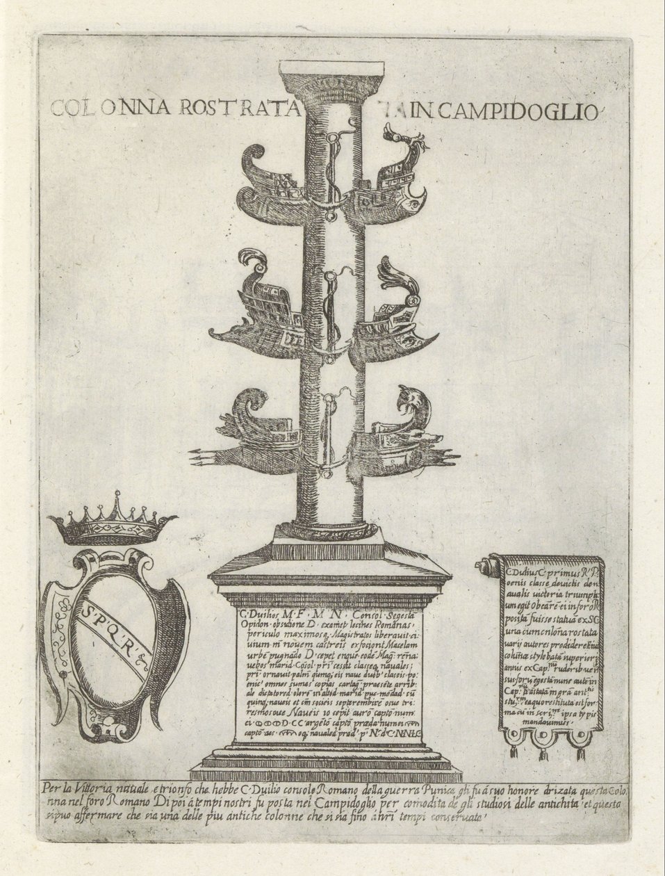 Rostrální sloup Colonna rostrata v Campidoglio (název na objektu) Moderne en antieke monumenten en bouwwerken v Římě (název série) Ozdoby starověkých a moderních budov města alma v Římě (název série) od Giovanni Maggi