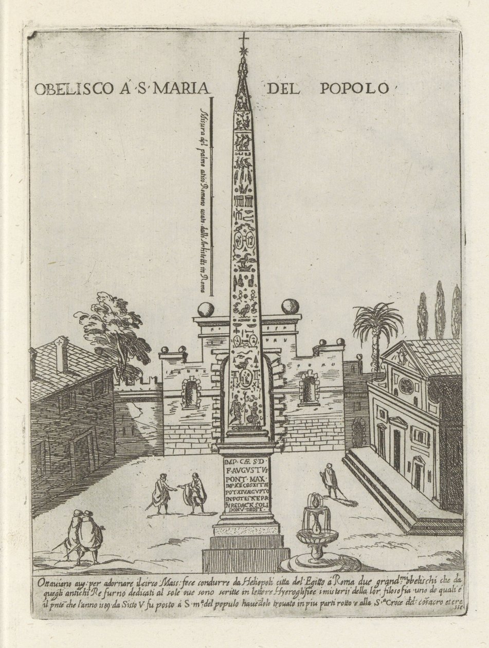 Egyptský obelisk Ramsese II na náměstí Piazza del Popolo v Římě Obelisco a S. Maria del Popolo (název na objektu) Moderní a starověké památky a budovy v Římě (název série) Ornamenti di fabriche antichi and moderni dell