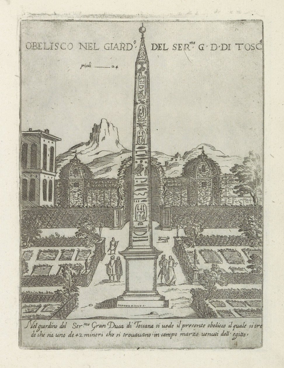 Egyptský obelisk v zahradě vily Medici v Římě Obelisco nel giard.o del ser.mo G. D. Di Tosc.a (název na objektu) Moderní a starověké památky a budovy v Římě (název série) Ornamenti di fabriche antichi and moderni dell