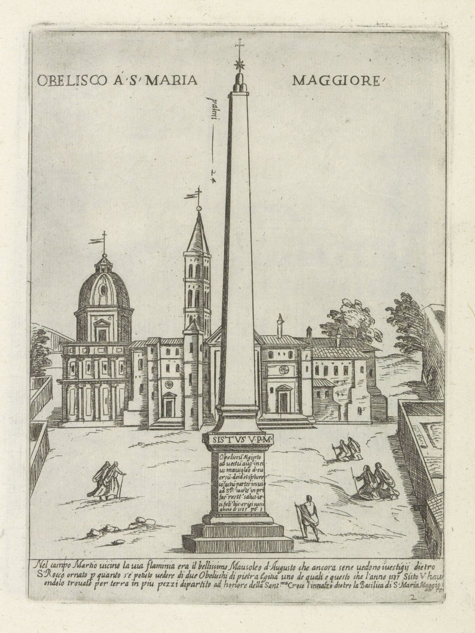 Obelisk voor de Santa Maria Maggiore Obelisk v S. Maria Maggiore (název na objektu) Moderne en antieke monumenten en bouwwerken v Římě (název série) Ozdoby starověkých a moderních budov města alma v Římě (název série) od Giovanni Maggi