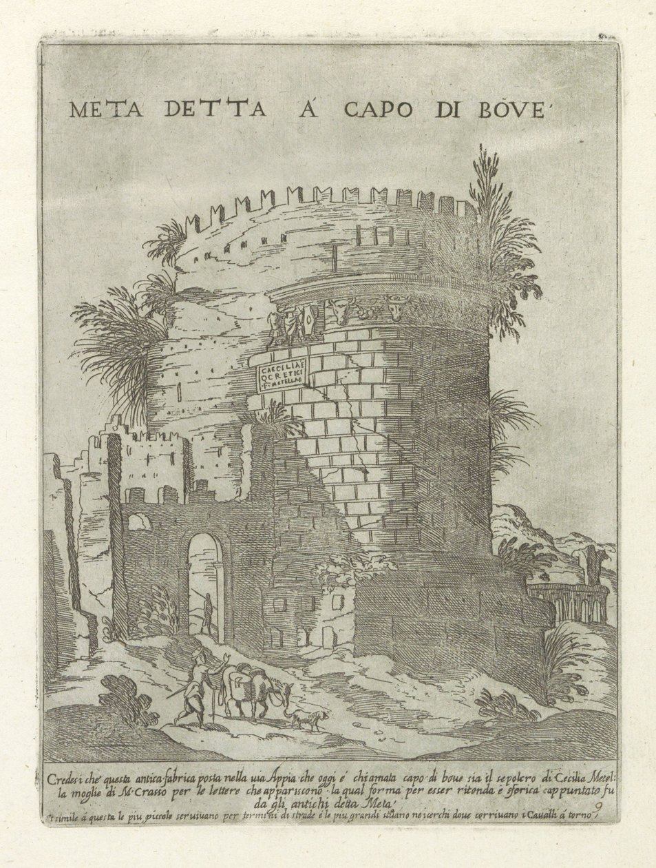 Tombe van Caecilia Metella te Rome Meta řekla u hlavy vola (název na předmětu) Moderne en antieke monumenten en bouwwerken v Římě (název série) Ozdoby starověkých a moderních budov města alma v Římě (název série) od Giovanni Maggi