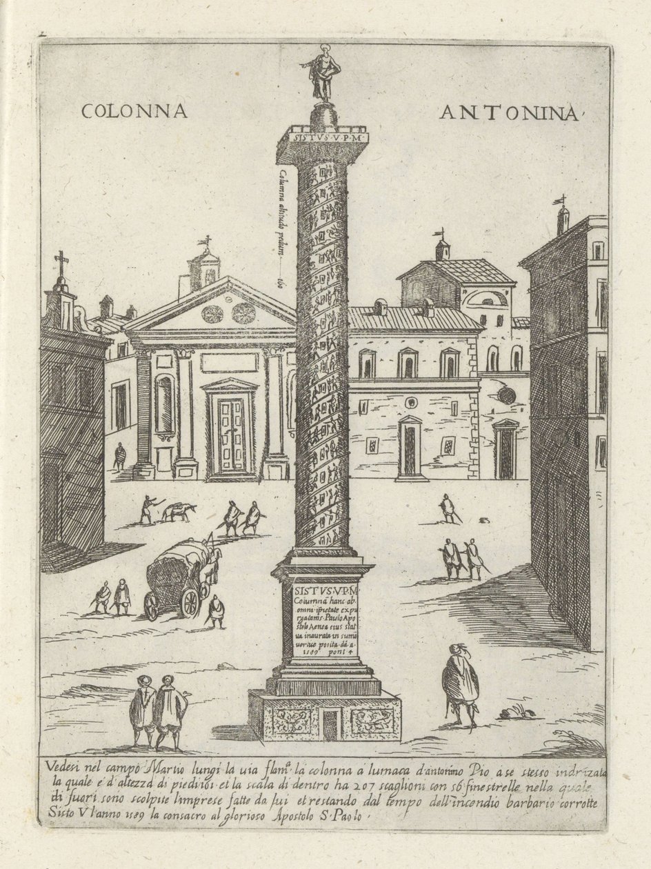 Sloup Marca Aurelia v Římě Colonna a S. Antonio (název na objektu) Moderní a starověké památky a budovy v Římě (název série) Ornamenti di fabriche antichi et moderni dell