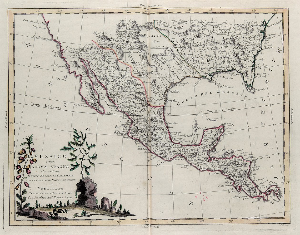 Mexiko nebo Nové Španělsko obsahující Nové Mexiko, Kalifornie s částí přilehlých zemí, od Toma IV z Nového Atlasu, vyryl G. Zuliani, 1785 od Giovanni Marco Pitteri