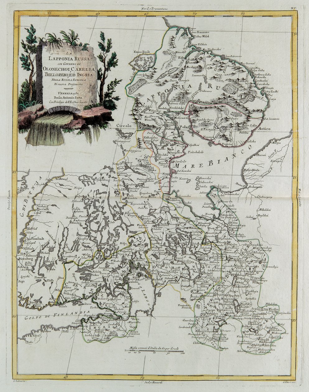 Ruské Laponsko s vládami Olonecholi, Carelia, Bielozero a Ingria v evropském Rusku, od Toma III z „Nového atlasu“, vyryl G. Zuliani od Giovanni Marco Pitteri