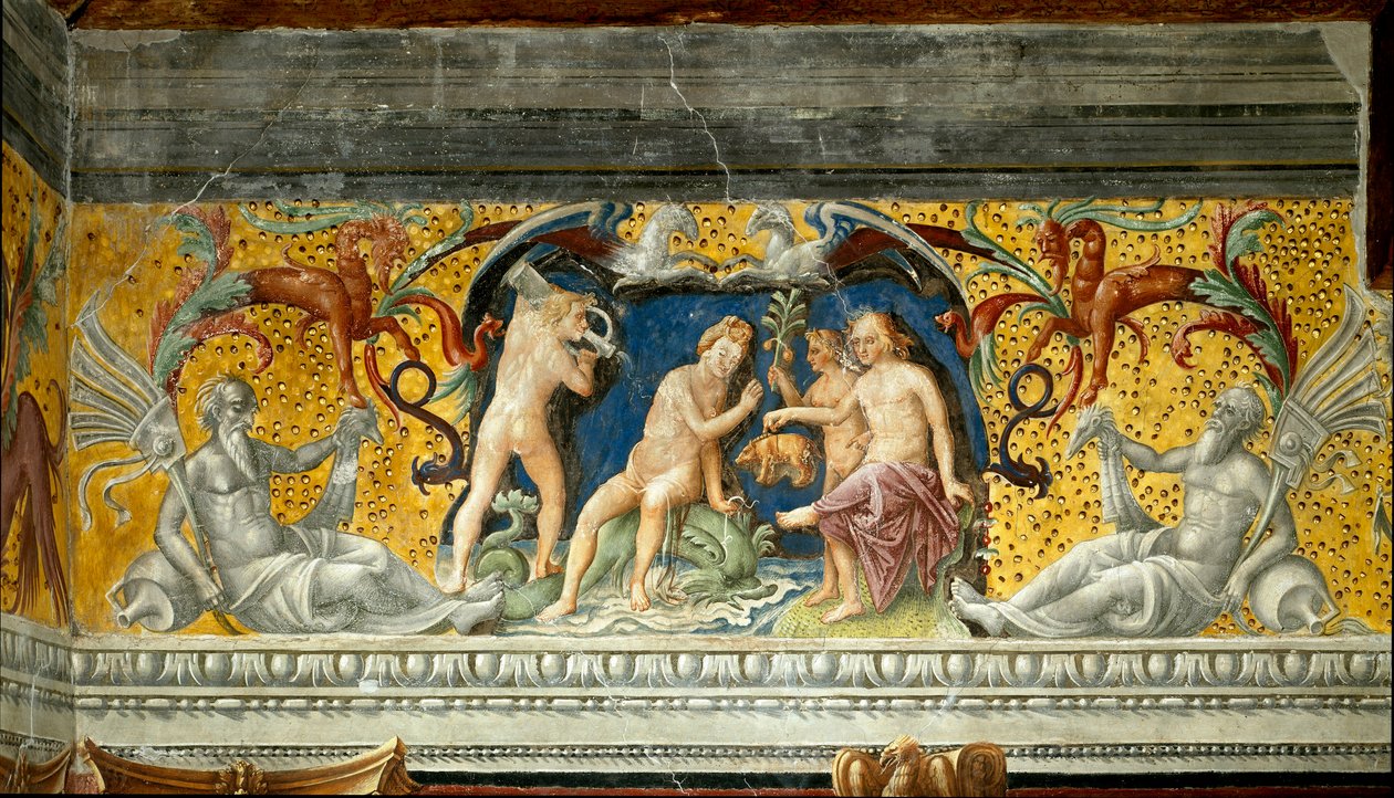 Mořskému božstvu je nabízen malý kanec Detail vlysu připisovaného Giovanni Marii Falconettovi (1468-1534) 1520 kolem Mantovy, Palazzo d
