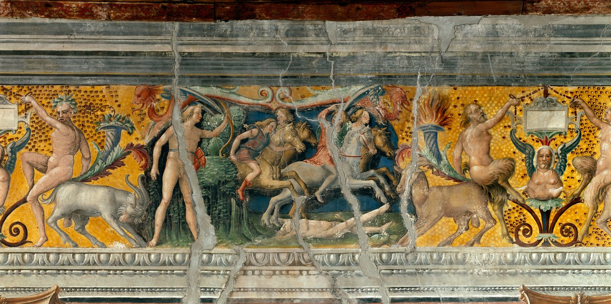 Apollo zabíjející šípy Niobides, syn Niobe Detail vlysu připisovaného Giovanni Marii Falconetto (1468-1534) 1520 kolem Mantovy, Palazzo d