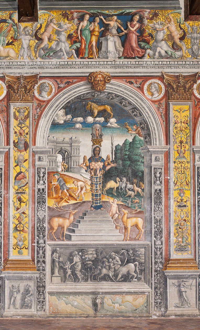 Astrologické znamení Lva s Dianou, dvěma jeleny a satyrem jako na sarkofágu v Bleinhaimském paláci; v pozadí Arco degli Argentari v Římě a Herkules bojující proti nemejskému lvu, Komnata zvěrokruhu (Camera dello Zodiaco) od Giovanni Maria Falconetto