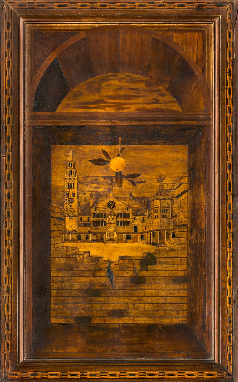 Lignaean Canonical Choir, intarzie Giovanni Maria Platina 1484, Upper Stall, Piazza del Duomo v Cremoně od Giovanni Maria Platina