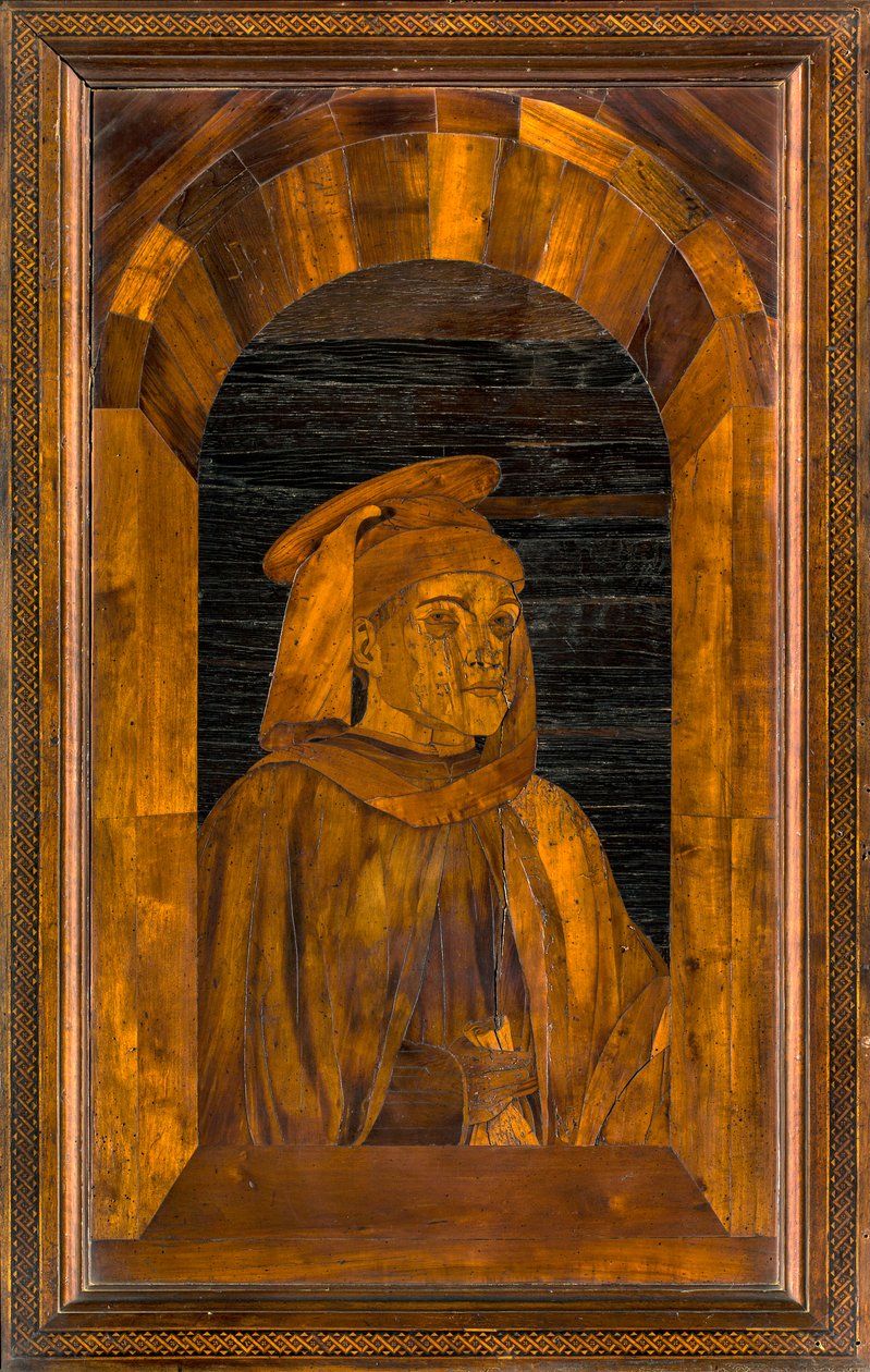 Lignaean Canonical Choir, intarzie Giovanni Maria Platina 1484, Upper Stall, Sant