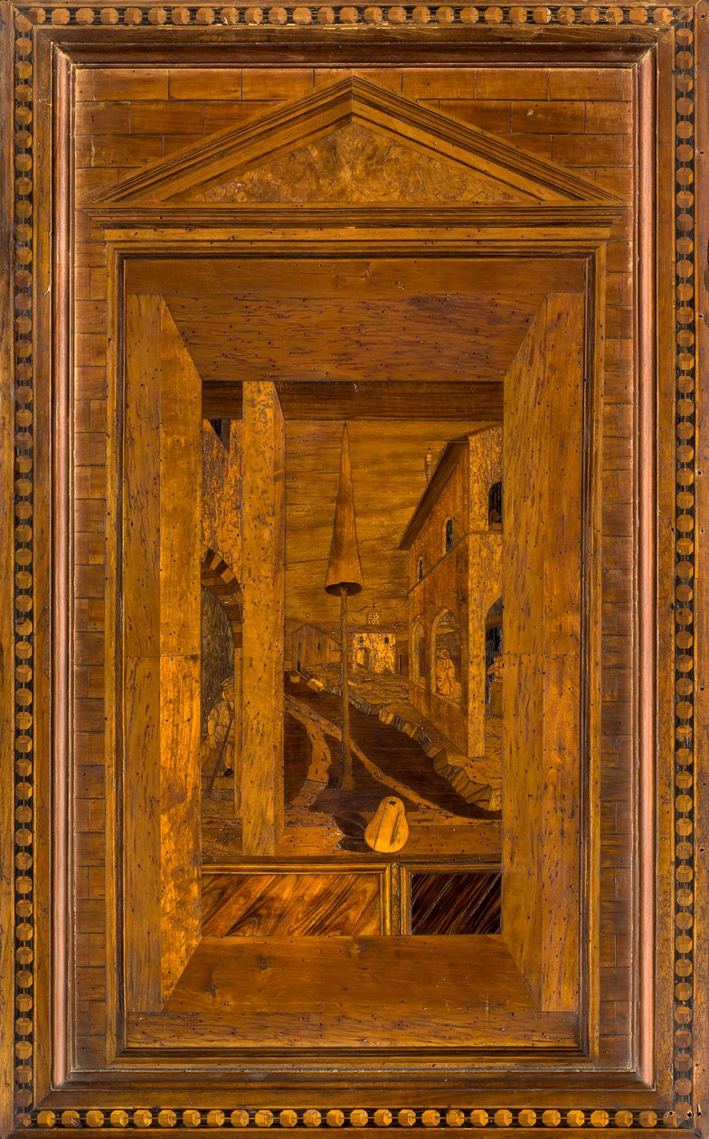 Lignaean Canonical Choir, intarzie Giovanni Maria Platina 1484, Superior Stall od Giovanni Maria Platina