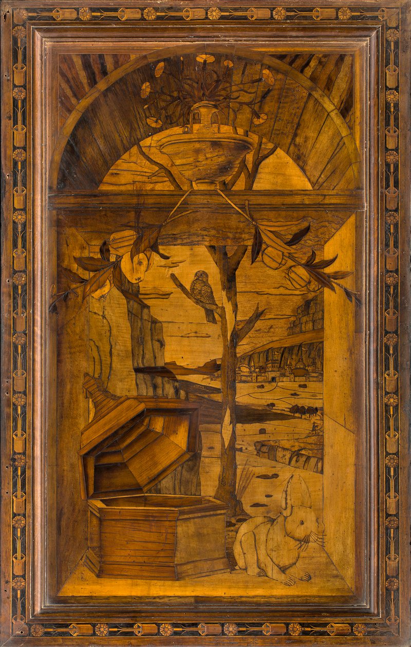 Lignaean Canonical Choir, intarzie Giovanni Maria Platina 1484, Superior Stall od Giovanni Maria Platina