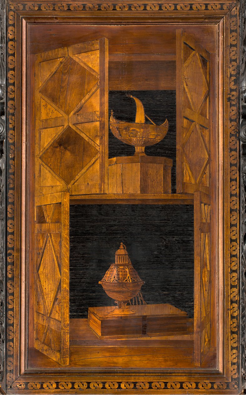 Lignaean Canonical Choir, intarzie Giovanni Maria Platina 1484, Superior Stall od Giovanni Maria Platina