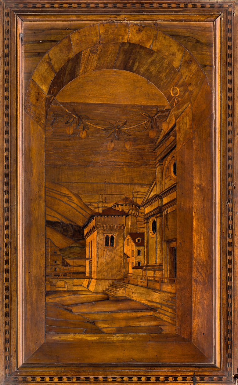 Lignaean Canonical Choir, intarzie Giovanni Maria Platina 1484, Superior Stall od Giovanni Maria Platina
