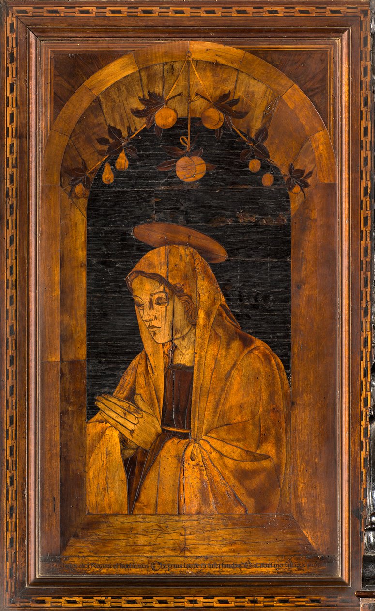 Lignaean Canonical Choir, intarzie Giovanni Maria Platina 1484, Superior Stall od Giovanni Maria Platina