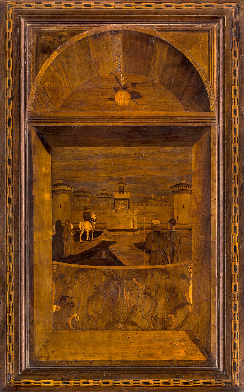 Lignaean Canonical Choir, intarzie Giovanni Maria Platina 1484, Superior Stallo, Pohled na milánský hrad Sforzesco od Giovanni Maria Platina