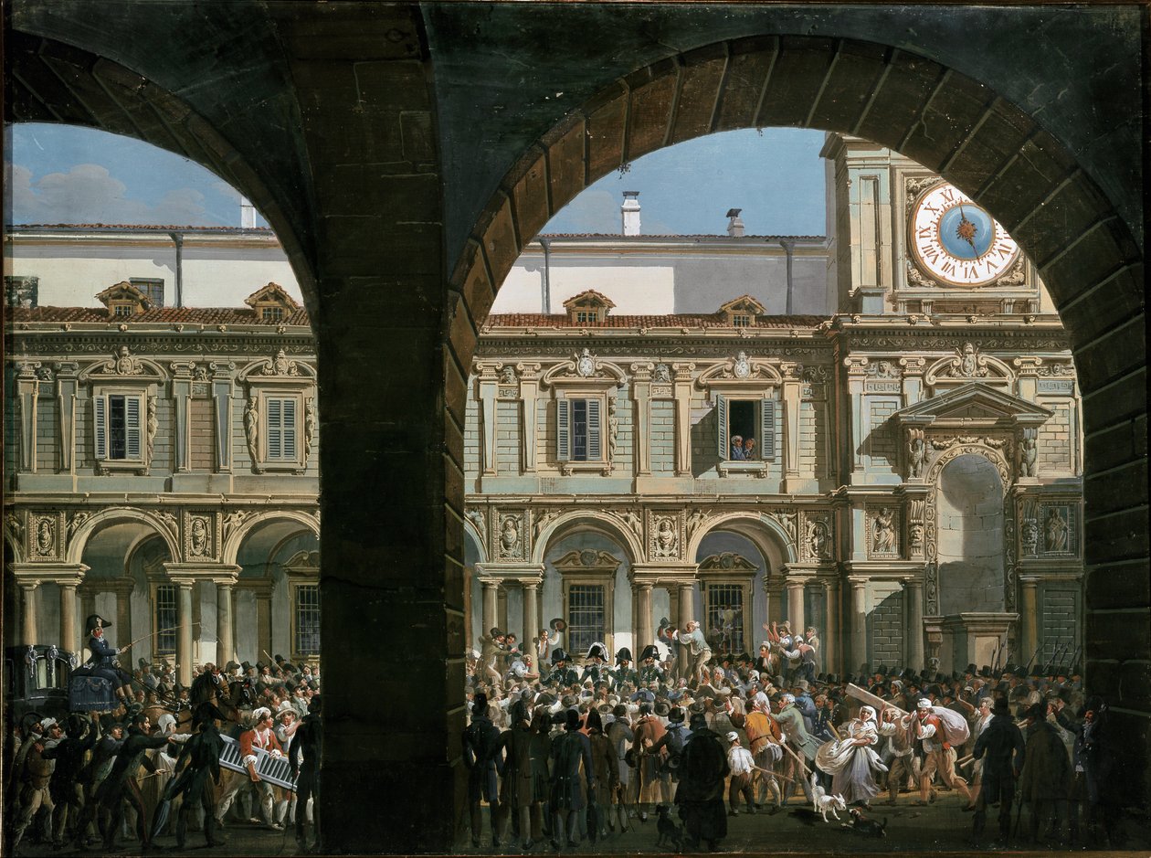 Domenico Pino promlouvá k davu na náměstí Mercanti v Miláně, 21. dubna 1814 (obraz od Giovanni Migliara