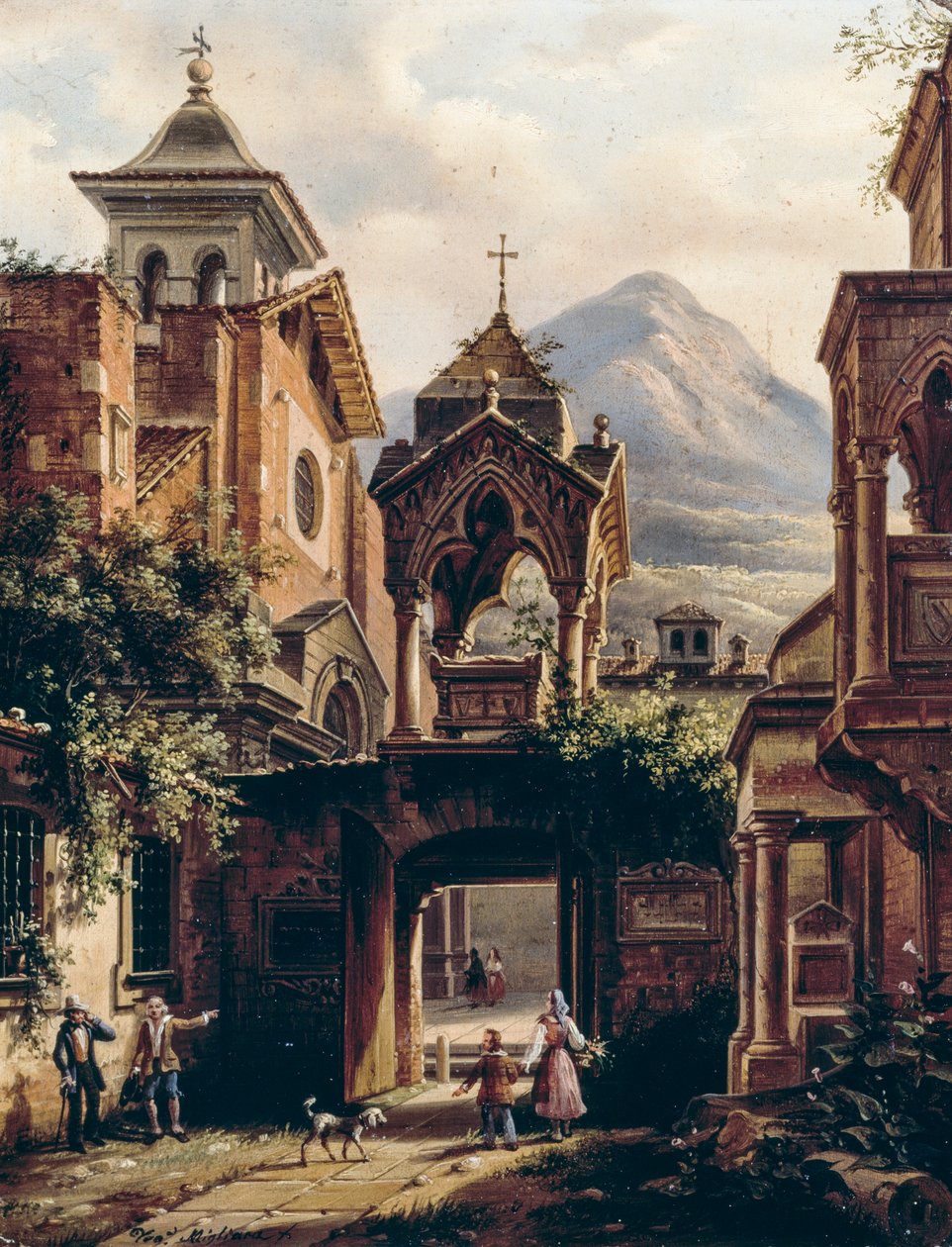 Exteriér starověkého opatství s osobami, Giovanni Migliara (1785-1837) (podepsán Teodolinda Migliara), olej na palubě od Giovanni Migliara