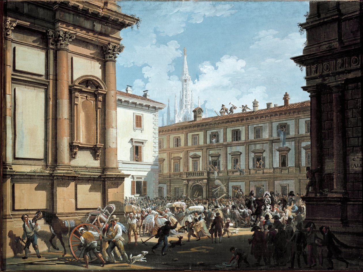 Milánští občané plenící dům Giuseppe Priny v době pádu Napoleona I. v roce 1814 (olej na plátně od Giovanni Migliara