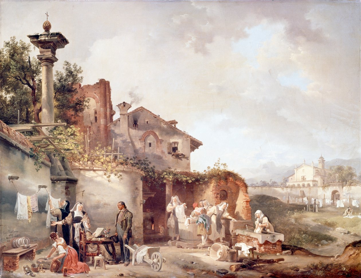 Prádelna kláštera jeptišek, Giovanni Migliara (1785-1837), olej na plátně, 72x55,5 cm od Giovanni Migliara