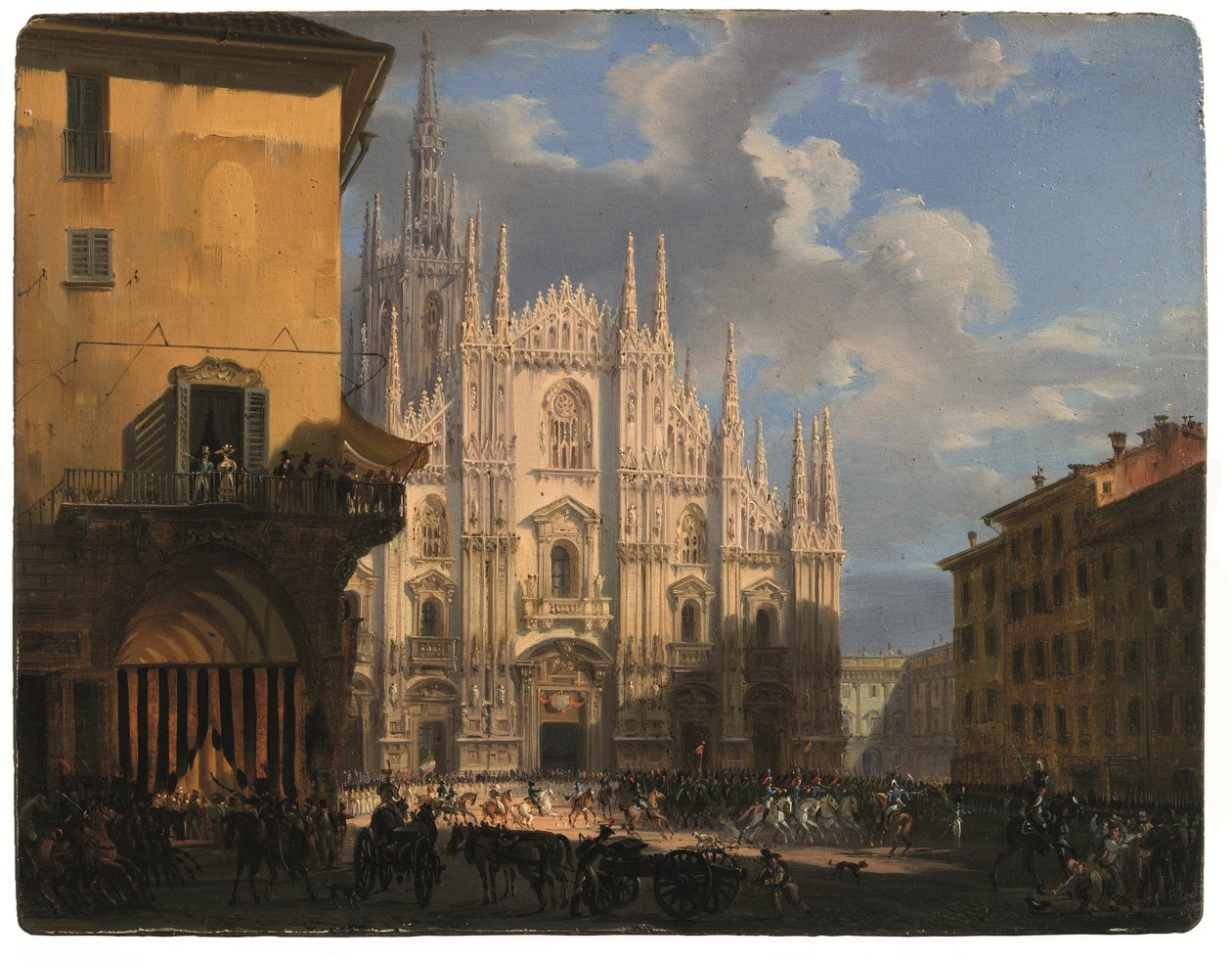 Pohled na Piazza Duomo s krytým dei Figini a Isolate del Rebecchino, Milán (olej na panelu) od Giovanni Migliara