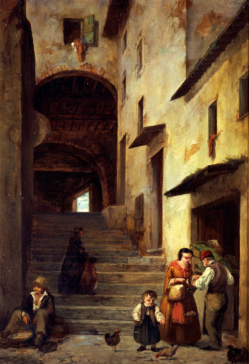 Pohled na ulici v Sestri Levante, Janovská riviéra, cca 1863, od Giovanniho Mochiho (1829-1893), olej na plátně, 40x30 cm. od Giovanni Mochi