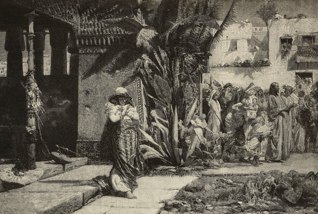 Magdalene, žena s turbanem a průvodem v blízkovýchodní vesnici, rytina bratří Cantagalli z obrazu Giovanniho Muzzioliho (1854-1894), Modena, Itálie z L