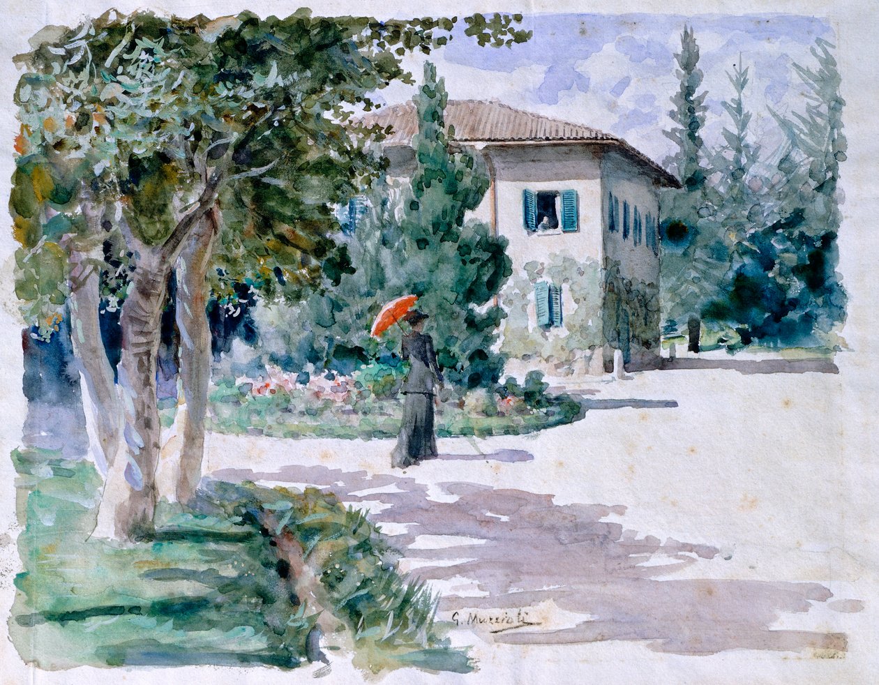 Červený deštník, Giovanni Muzzioli (1854-1894), akvarel na světlém papíře, 305x392 mm od Giovanni Muzzioli