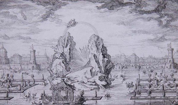 Ohňostroj na oslavu narození dauphina (syna Ludvíka XV.) vyrytý Jeanem Dumontem (Le Romain) (1701-81) 1730 (lept) od Giovanni Niccolo (after) Servandoni