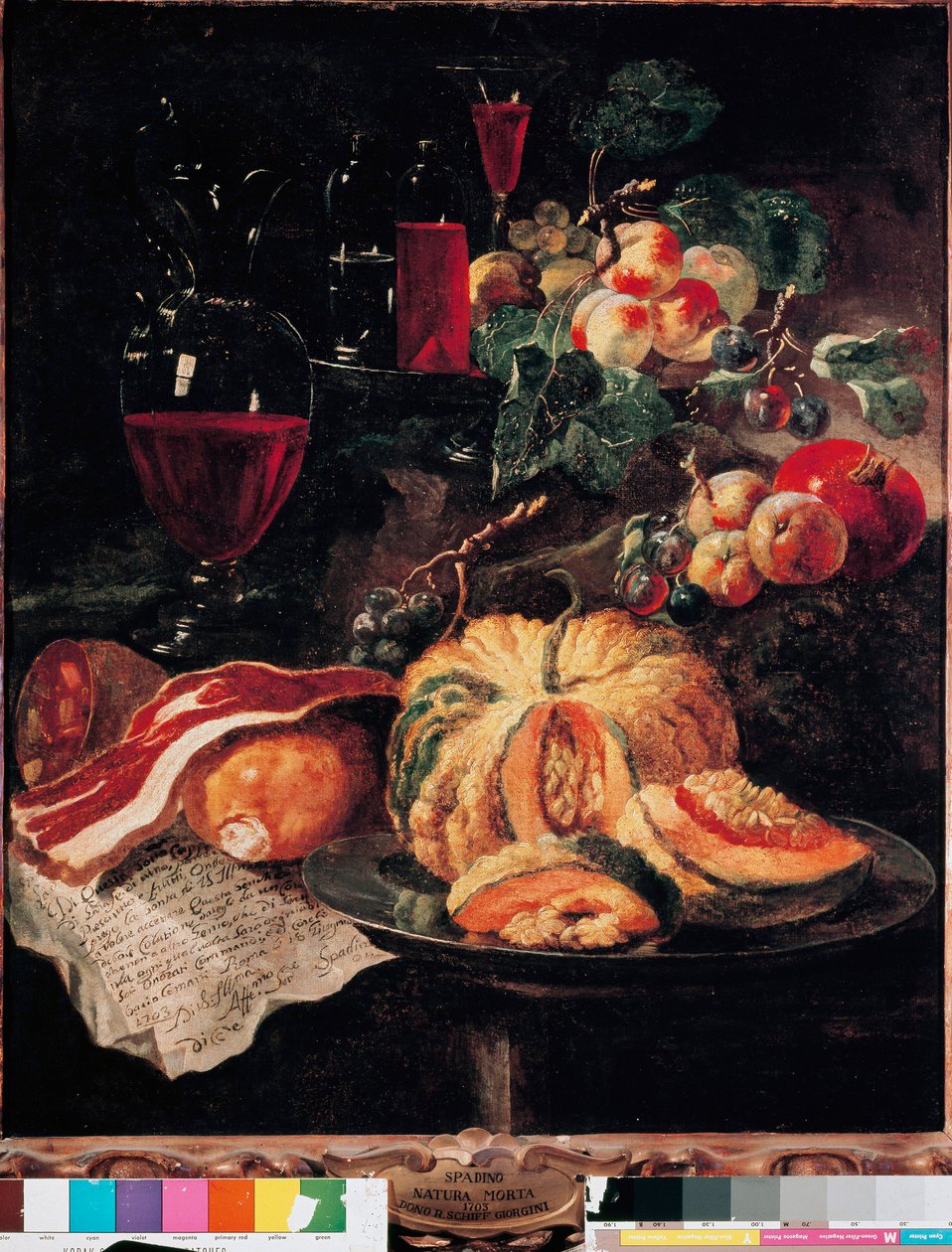 Zátiší Dýně, slanina, šunka, broskve a víno. Obraz Giovan Paolo Castelli dit Lo Spadino (1659-1730) 1703 Řím, Muzeum Conservatori capitolini od Giovanni Paolo Castelli