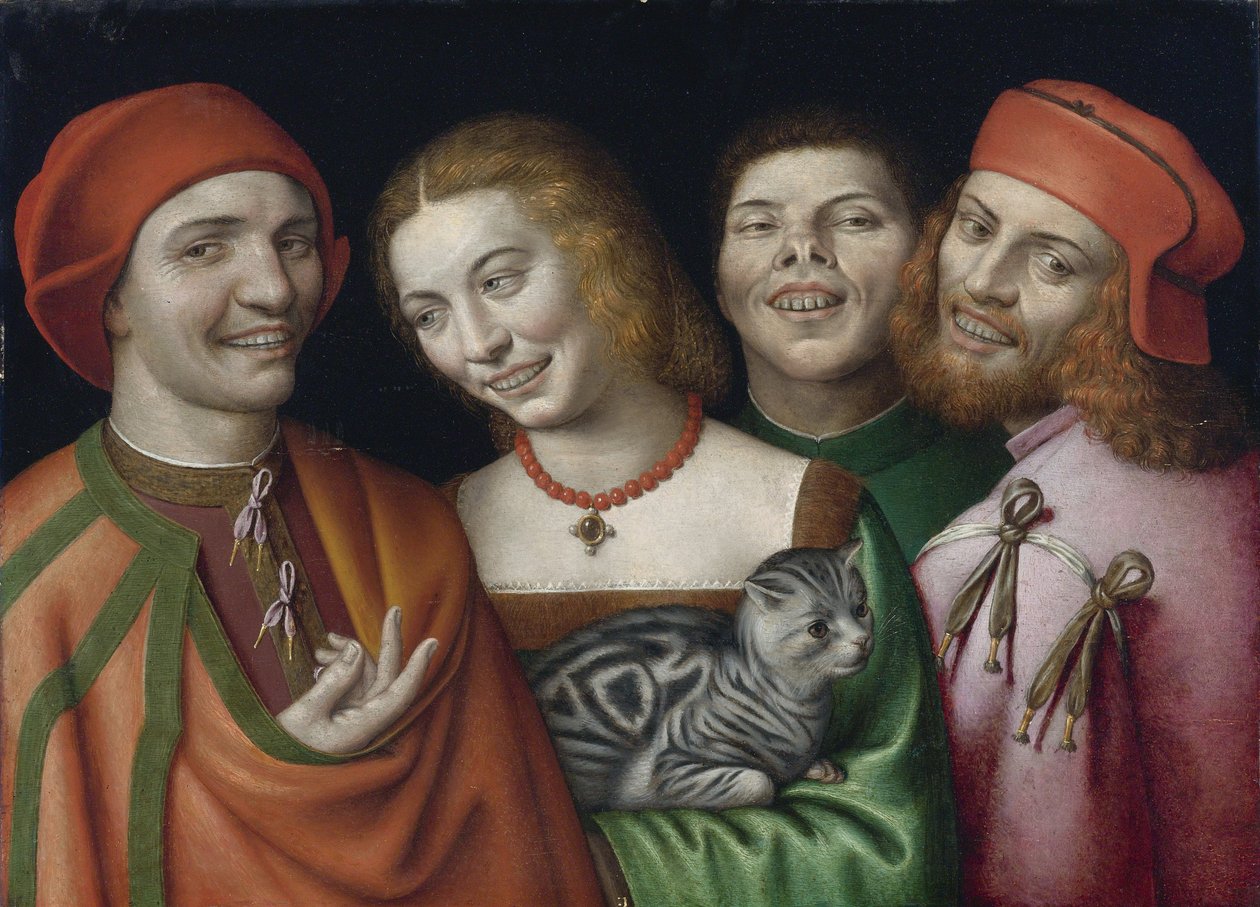 ""Portrét tří mužů a ženy držící kočku"" (Tři muži se ženou držící kočku) Obraz Giovanni Paolo Lomazzo (1538-1600) Soukromá sbírka od Giovanni Paolo Lomazzo