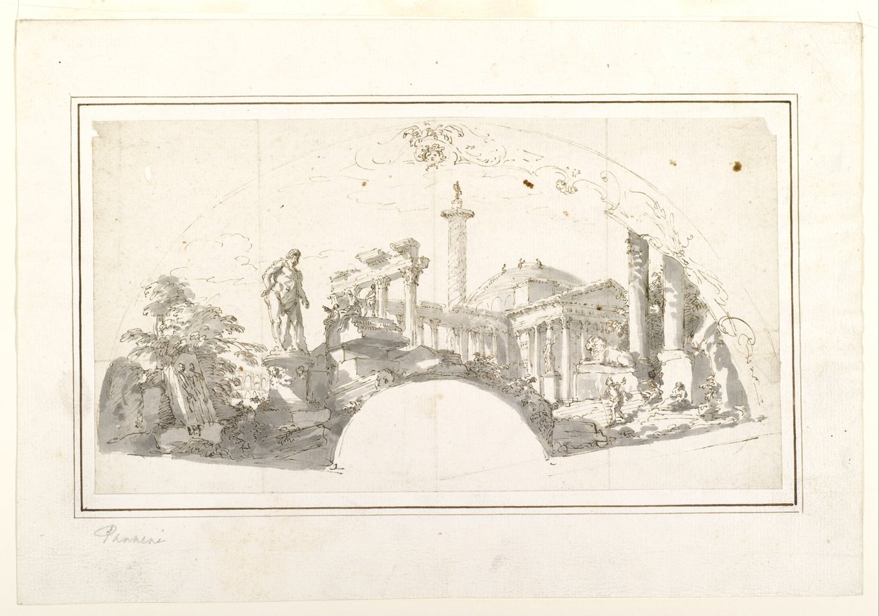 Návrh pro vějíř: Capriccio s římskými ruinami a Farnese Herculesem od Giovanni Paolo Panini