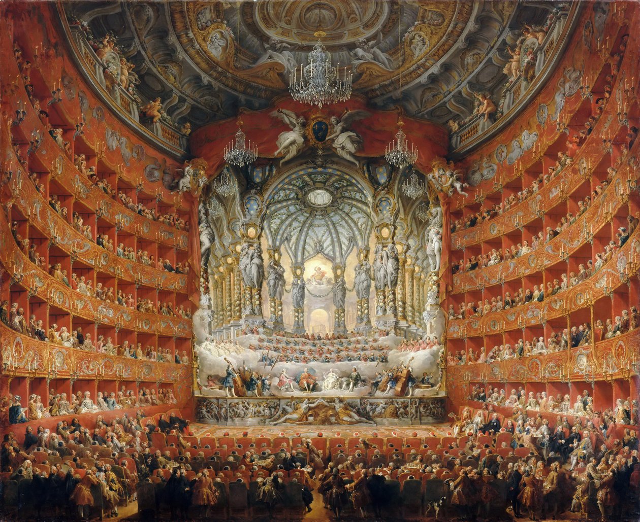 Hudební hostina pořádaná kardinálem de La Rochefoucauld v Teatro Argentina v Římě v roce 1747 od Giovanni Paolo Pannini