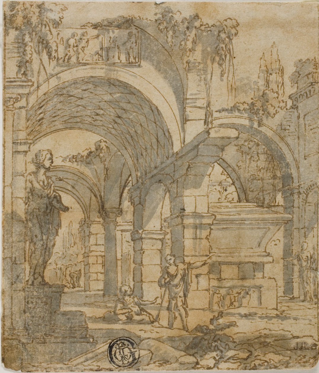 Římské ruiny a dvě postavy od Giovanni Paolo Panini