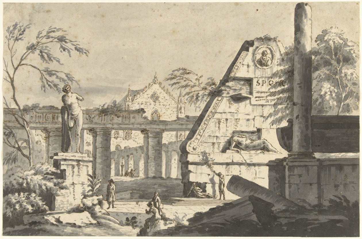 Krajina se starověkými ruinami budov a soch od Giovanni Paolo Pannini (possibly)