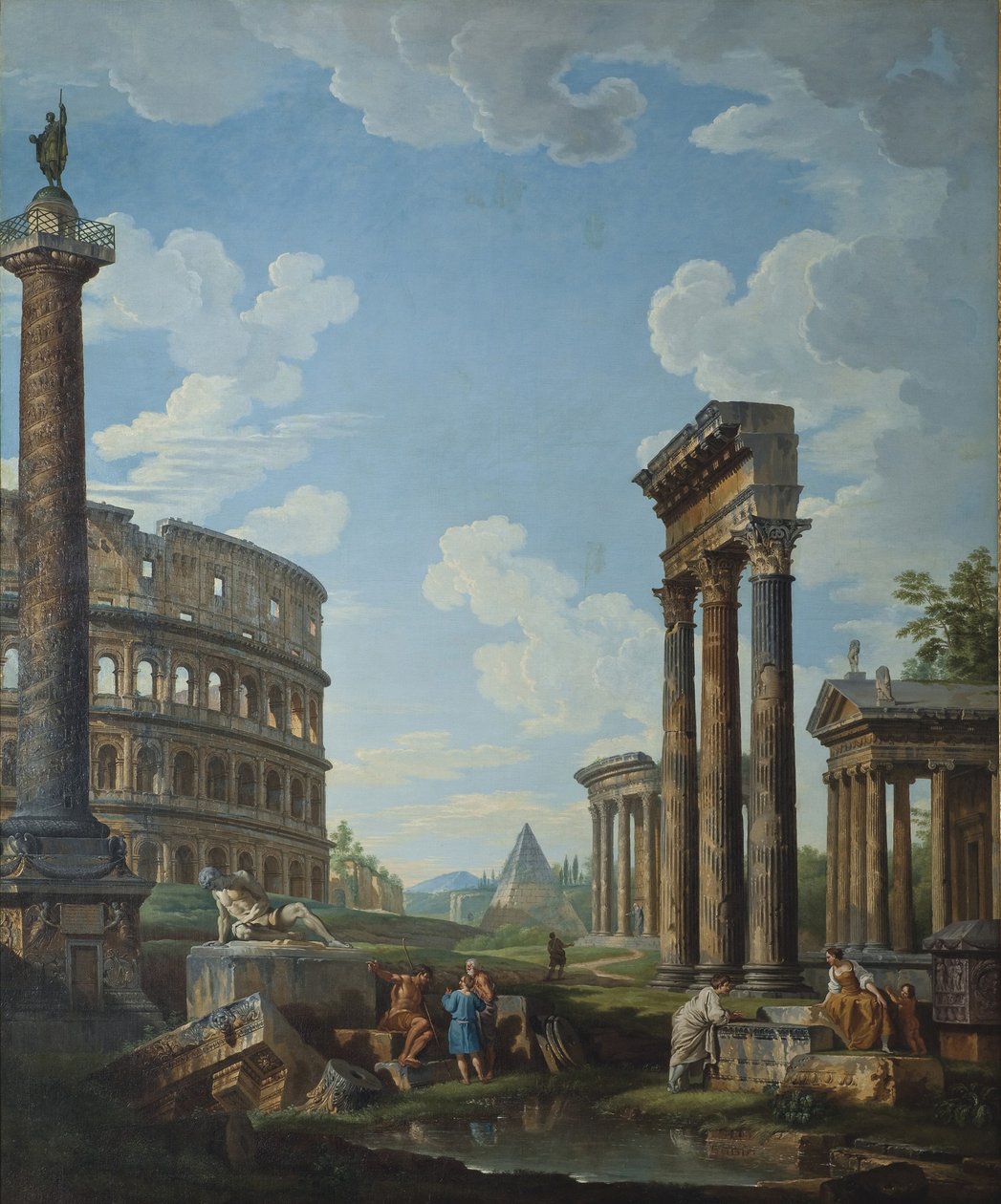 Capriccio s postavami mezi římskými ruinami včetně Konstantinova oblouku a Pantheonu od Giovanni Paolo Pannini