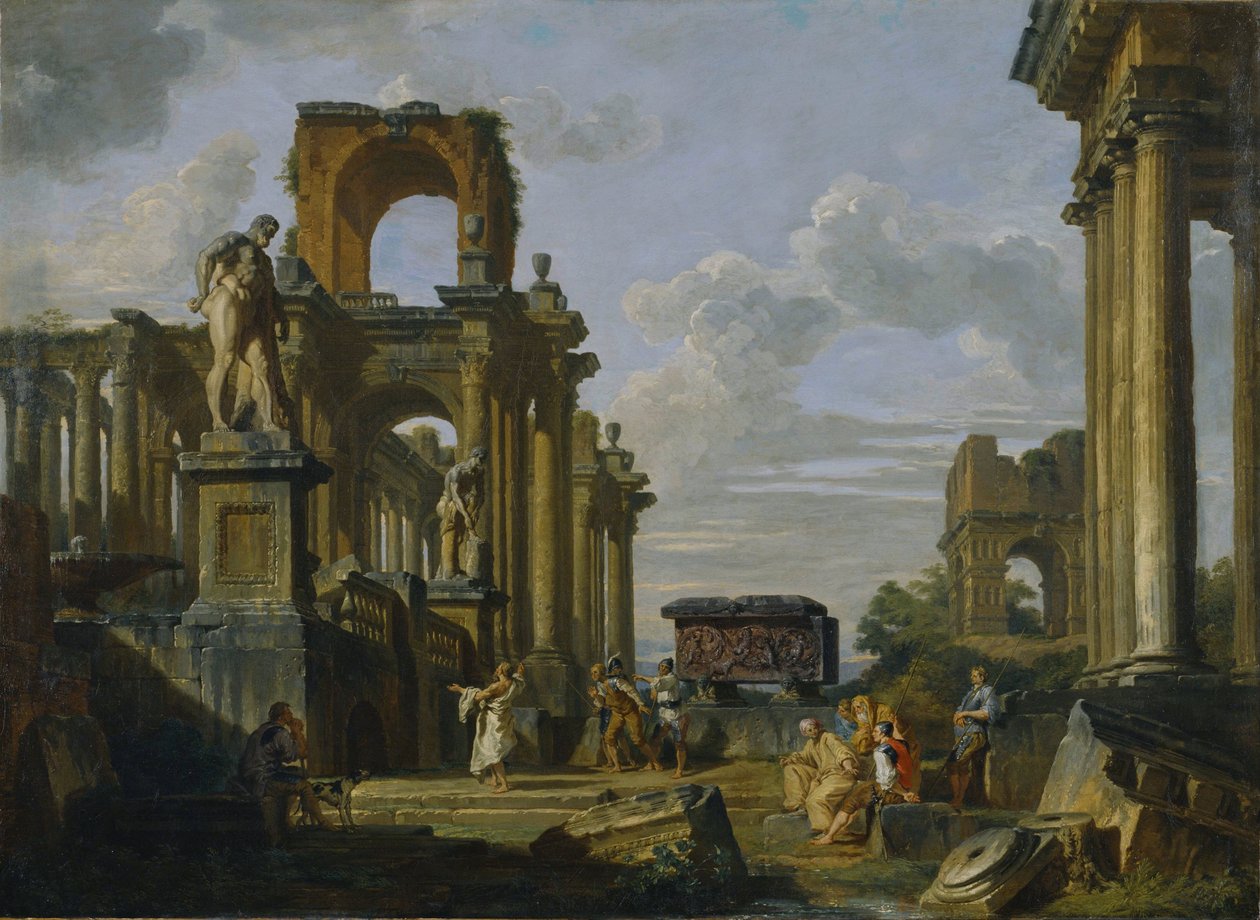 Architektonické Capriccio z římského fóra s filozofy a vojáky mezi starověkými ruinami od Giovanni Paolo Pannini