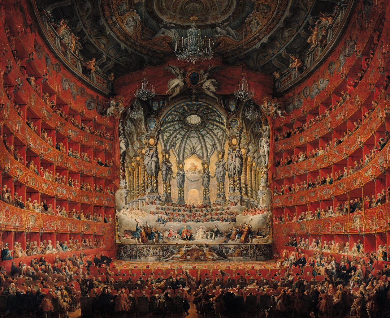 Koncert kardinála de La Rochefoucaulda v Argentinském divadle v Římě o svatbě Ludvíka Dauphina (1729-65), syna Ludvíka XV., s Marií-Josefem Saským (1731-67), 1747 (olej na plátně od Giovanni Paolo Pannini