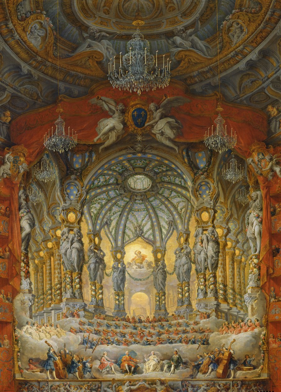 Koncert kardinála de La Rochefoucaulda v Argentinském divadle v Římě o svatbě Ludvíka Dauphina (1729-65), syna Ludvíka XV., s Marií-Josefem Saským (1731-67), 1747 (olej na plátně od Giovanni Paolo Pannini