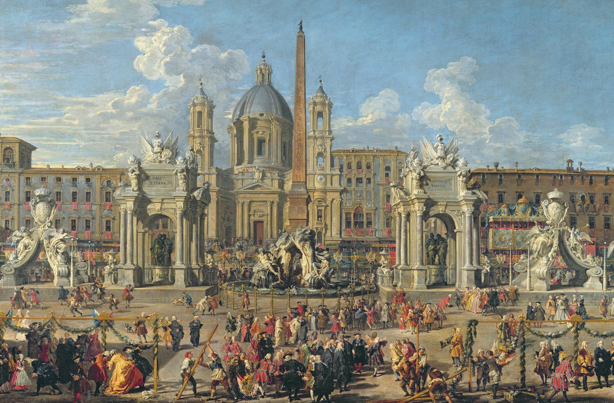 Příprava na ohňostroj na Piazza Navona v Římě k oslavě narození dauphina, 1729 (detail 91023) od Giovanni Paolo Pannini