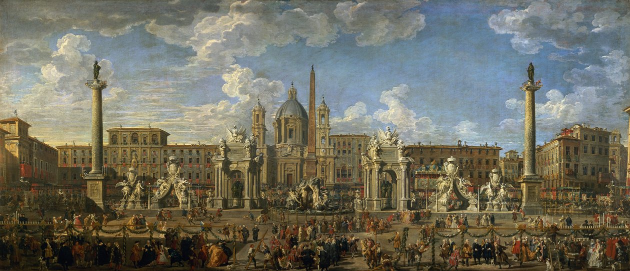 Příprava na ohňostroj na Piazza Navona v Římě na oslavu narození dauphina, 1729 od Giovanni Paolo Pannini
