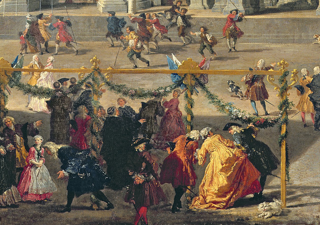 Příprava ohňostroje na římském náměstí Piazza Navona na oslavu narození dauphina, 1729 (detail 91023) od Giovanni Paolo Pannini