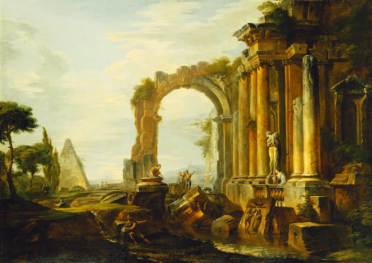 Capriccio klasických ruin s Cestiovou pyramidou a postavami v krajině, od Giovanni Paolo Pannini