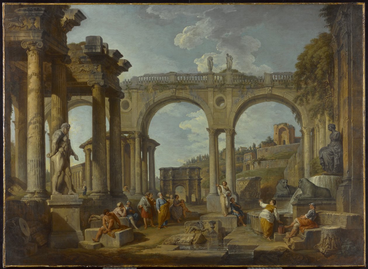 Capriccio římských ruin s Konstantinovým obloukem, kolem roku 1755 od Giovanni Paolo Pannini