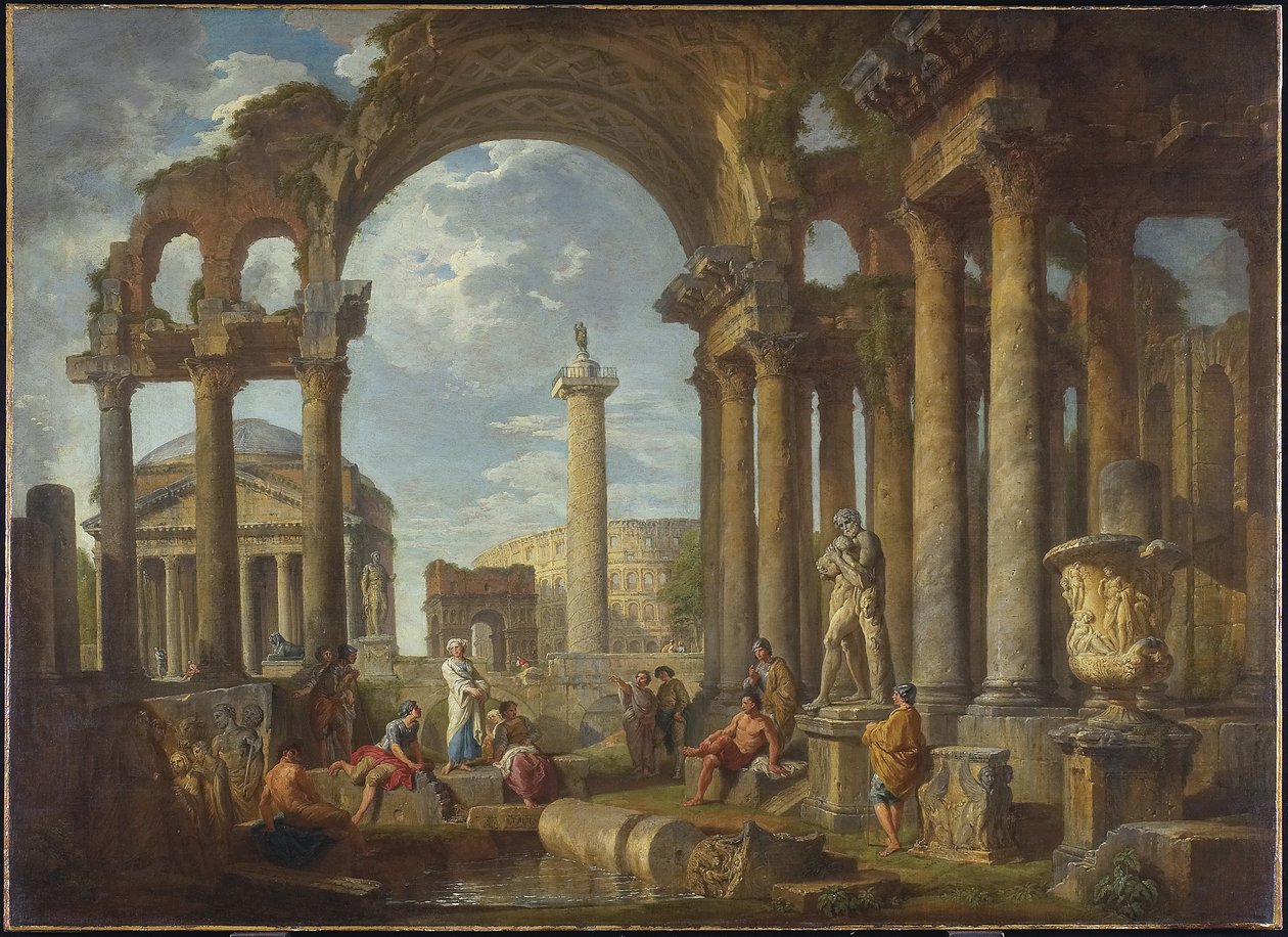 Capriccio římských ruin s Pantheonem, kolem roku 1755 od Giovanni Paolo Pannini