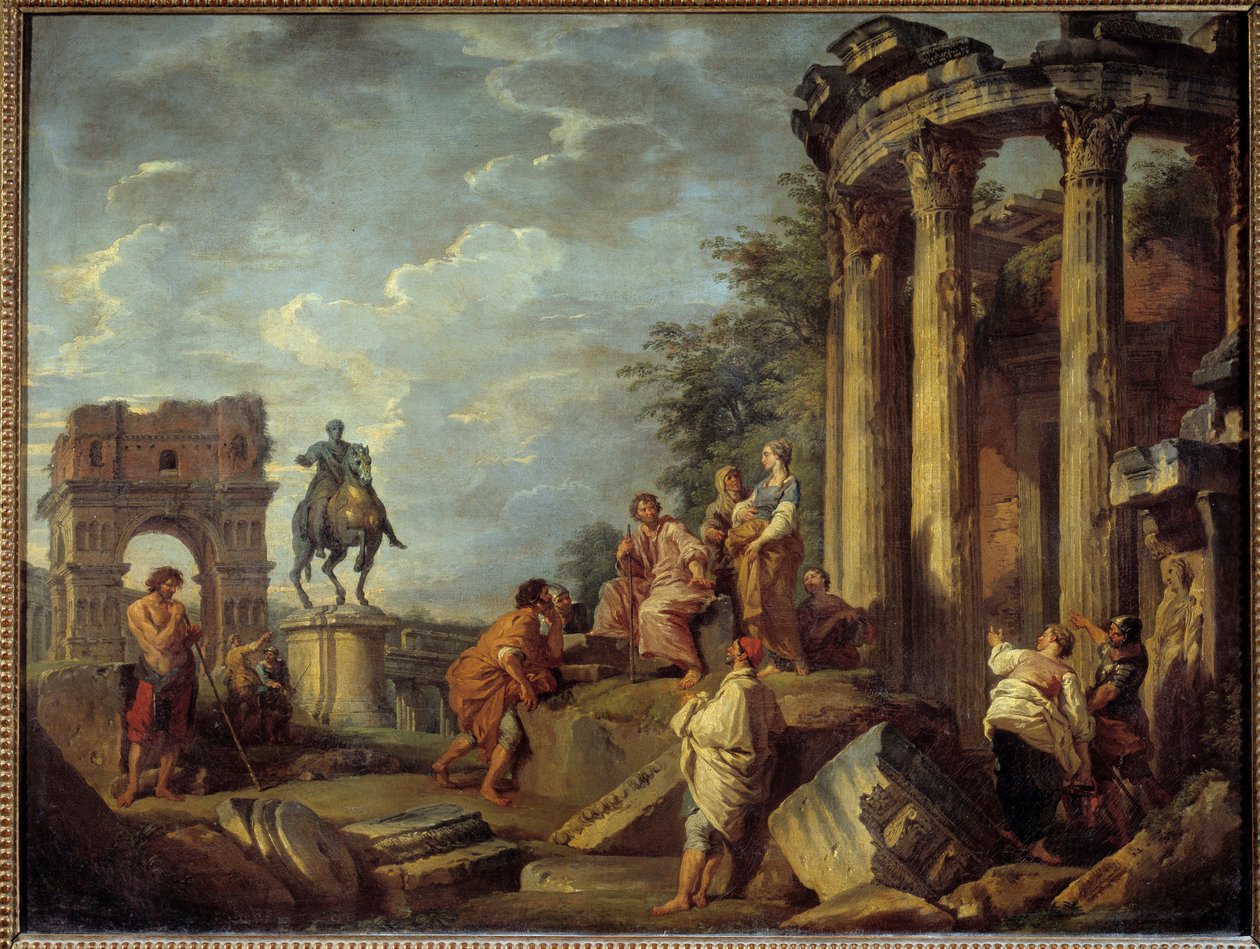 Architektonické ruiny s obloukem Janus, chrámem Vesty a sochou Marca Aurela (Marco Aurelio) Obraz Giovanni Paolo Pannini (Panini) (1691-1765) 18. století Sun. 0,79x0,87 m od Giovanni Paolo Pannini