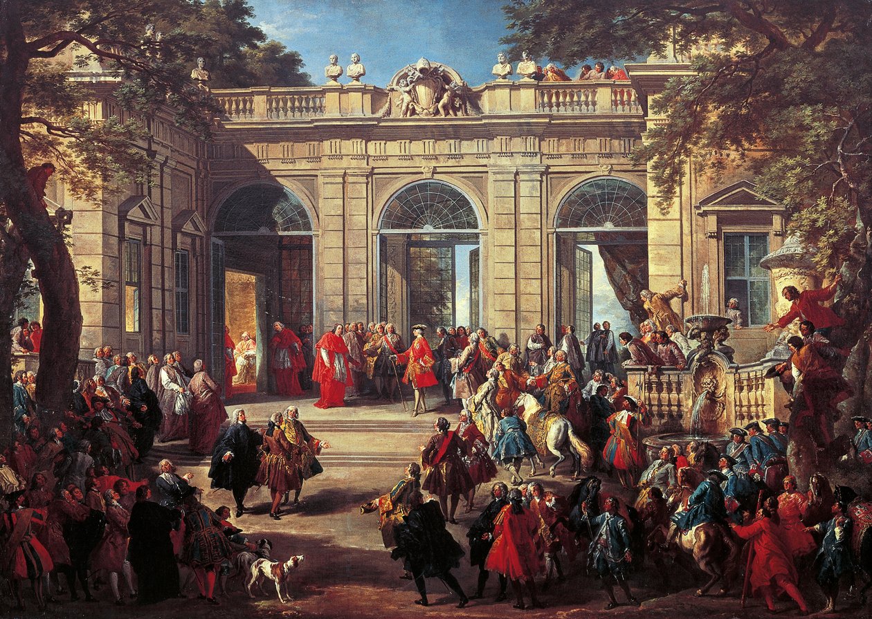 Karel III. Bourbonský na návštěvě u papeže Benedikta XIV. v kavárně Quirinal od Giovanni Paolo Pannini