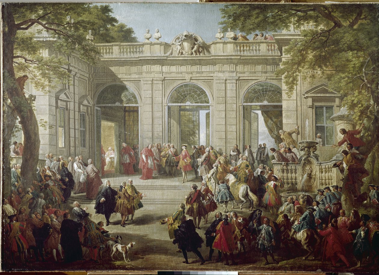 Španělský Karel III nebo Karel Bourbonský, král neapolský (1716-1788) Papež Benedetto XIV. navštěvuje kavárnu paláce Quirinale (Quirinal) Obraz Giovanni Paolo Pannini (1691-1765) 1746 Neapol, Capodi National Museum od Giovanni Paolo Pannini