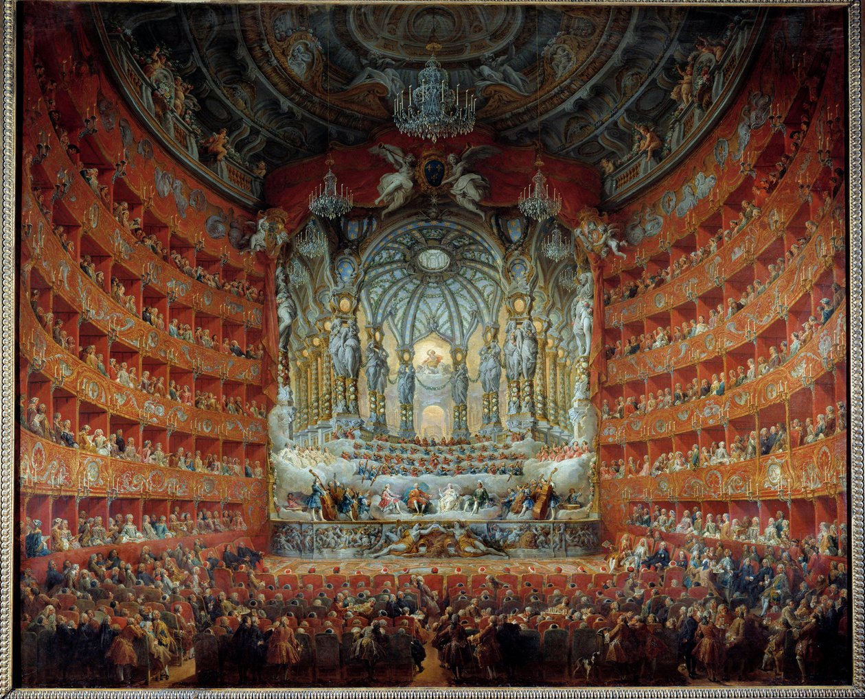 Koncert v divadle Argentina v Římě 15. července 1747 u příležitosti sňatku delfína Ludvíka de France (1729-1765), syna Ludvíka XV., s Marií Josefou Saskou. Obraz Giovanni Paolo Pannini (Panini) (1691-1765) od Giovanni Paolo Pannini