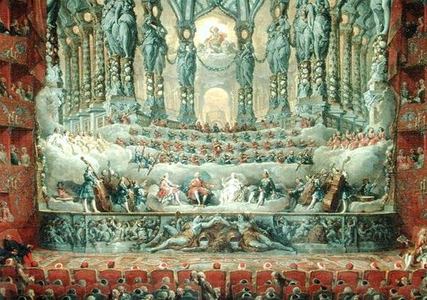 Koncert kardinála de La Rochefoucaulda (1700–1799) v divadle Argentina v Římě na oslavu svatby Ludvíka Dauphina (1729–65), syna Ludvíka XV., Marii-Josephe (1731–67) z S. od Giovanni Paolo Pannini